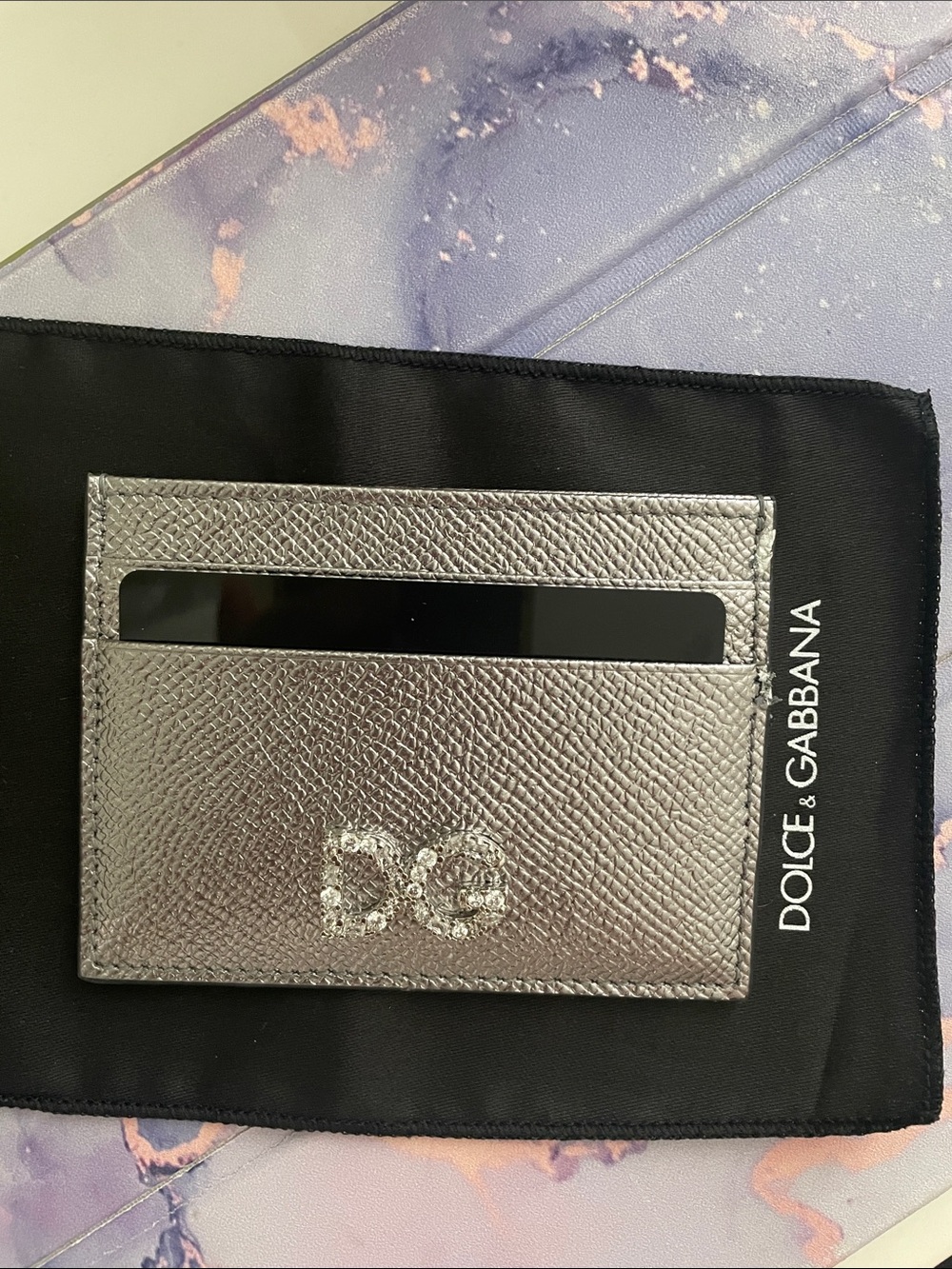 Dolce Gabanna DG Swarovski Crystals Metallic Gray Leather Card Holder*NEW*